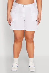 Womens Plus Size Nylon High Waist Cargo Shorts, White, Size 3X