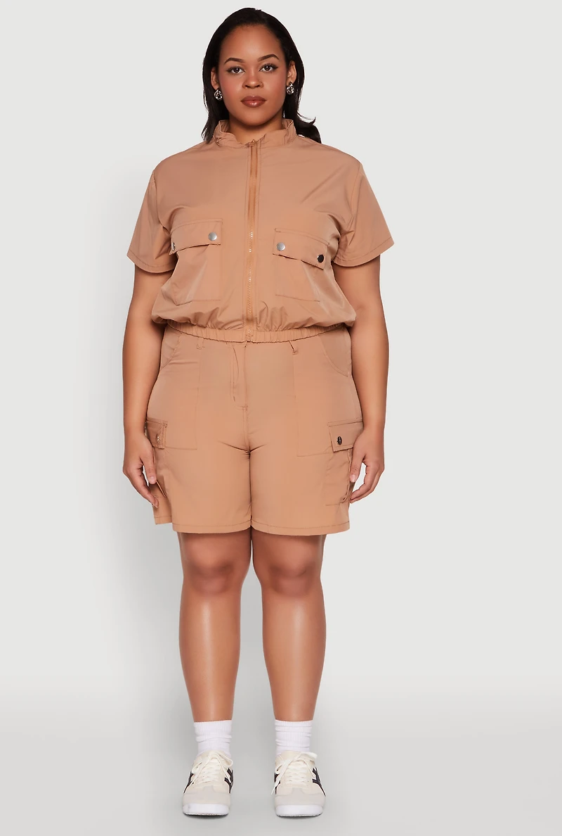 Womens Plus Size Nylon High Waist Cargo Shorts, Khaki, Size 2X