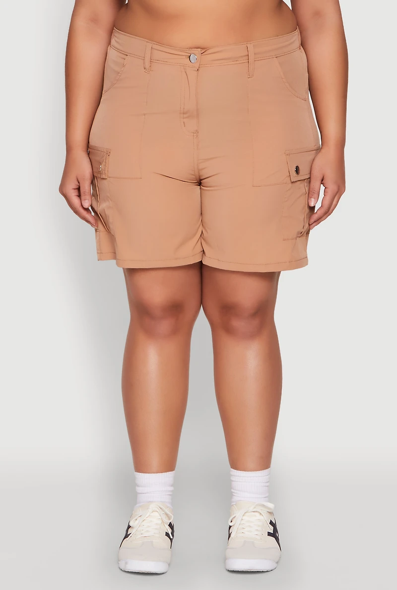 Womens Plus Size Nylon High Waist Cargo Shorts, Khaki, Size 2X
