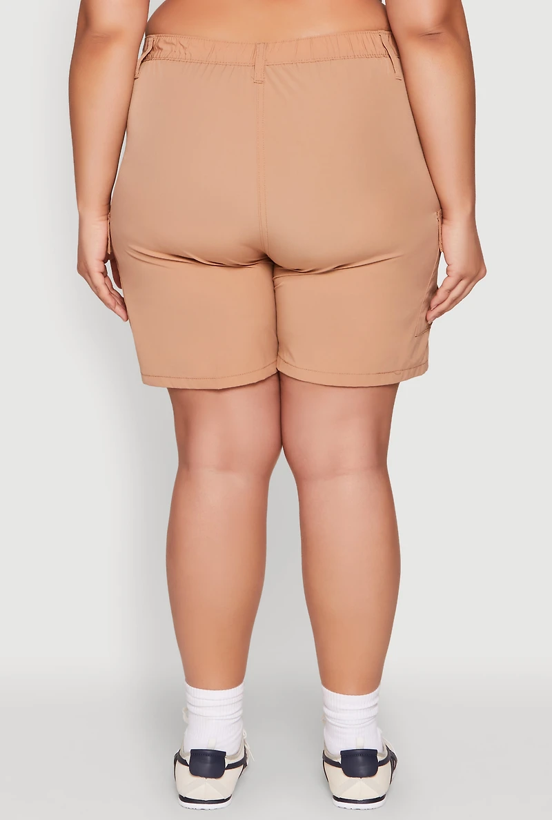 Womens Plus Size Nylon High Waist Cargo Shorts, Khaki, Size 2X
