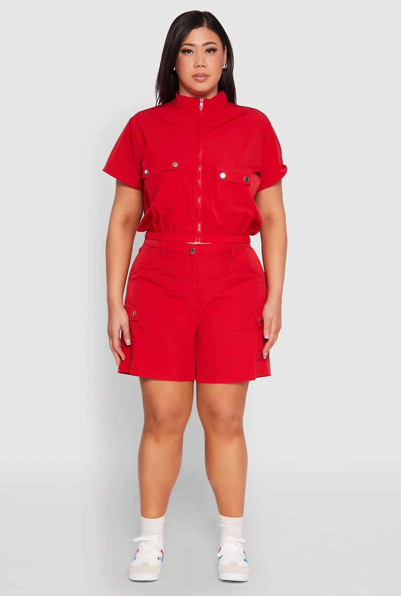 Plus Nylon High Waist Cargo Shorts