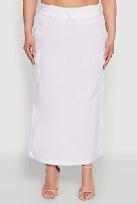 Womens Plus Size Nylon Drawstring Cargo Maxi Skirt, White, Size 2X