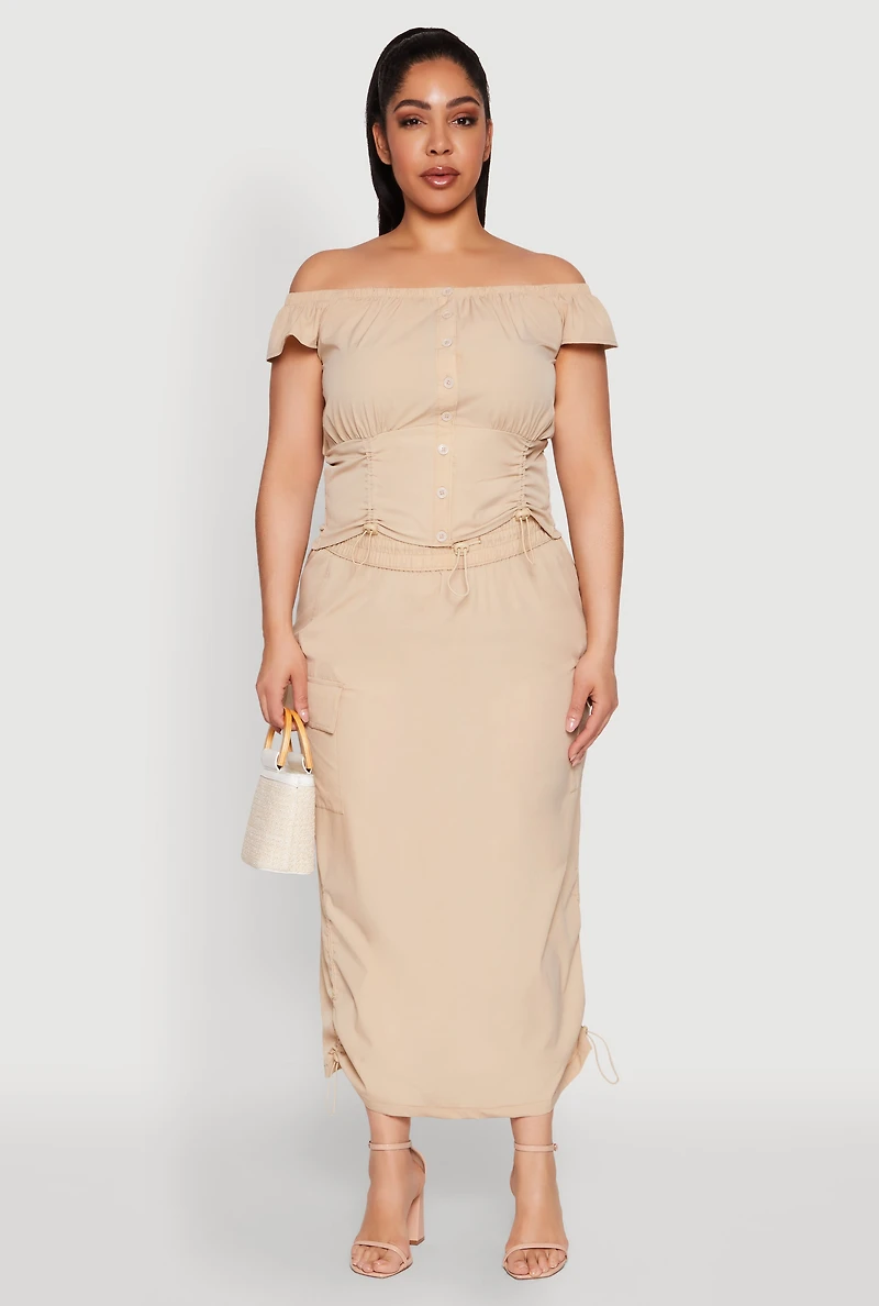 Plus Nylon Drawstring Cargo Maxi Skirt