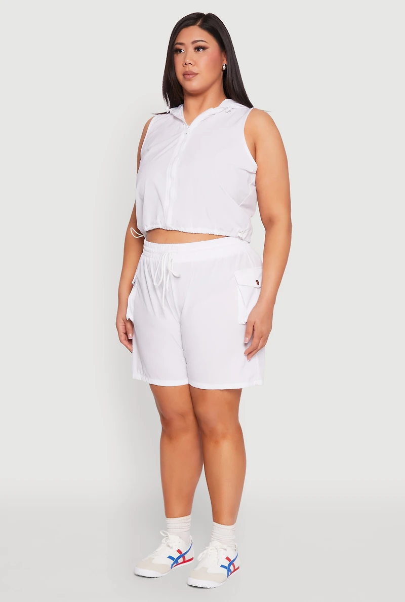 Womens Plus Size Toggle Drawstring Hem Crop Top, White, Size 2X
