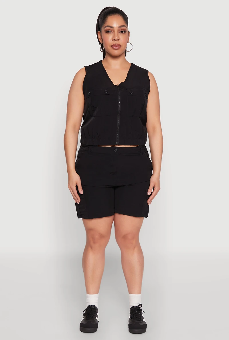 Womens Plus Zip Front Cargo Pocket Top, Black,
