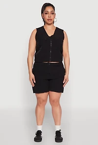 Womens Plus Zip Front Cargo Pocket Top, Black,