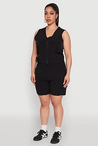 Womens Plus Zip Front Cargo Pocket Top, Black,