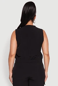 Womens Plus Zip Front Cargo Pocket Top, Black,