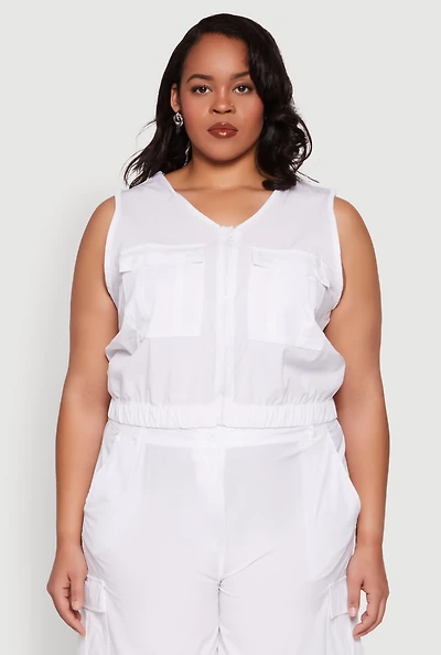 Womens Plus Size Zip Front Cargo Pocket Top, White, Size 2X
