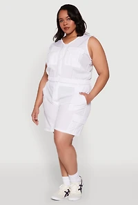 Womens Plus Size Zip Front Cargo Pocket Top, White, Size 3X