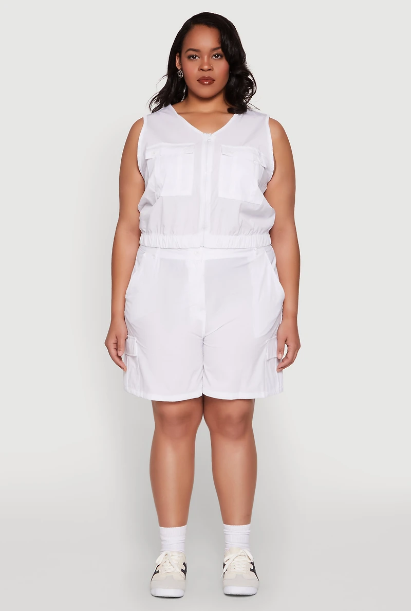 Womens Plus Size Zip Front Cargo Pocket Top, White, Size 2X