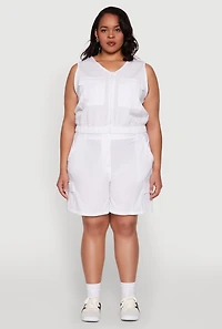 Womens Plus Size Zip Front Cargo Pocket Top, White, Size 2X