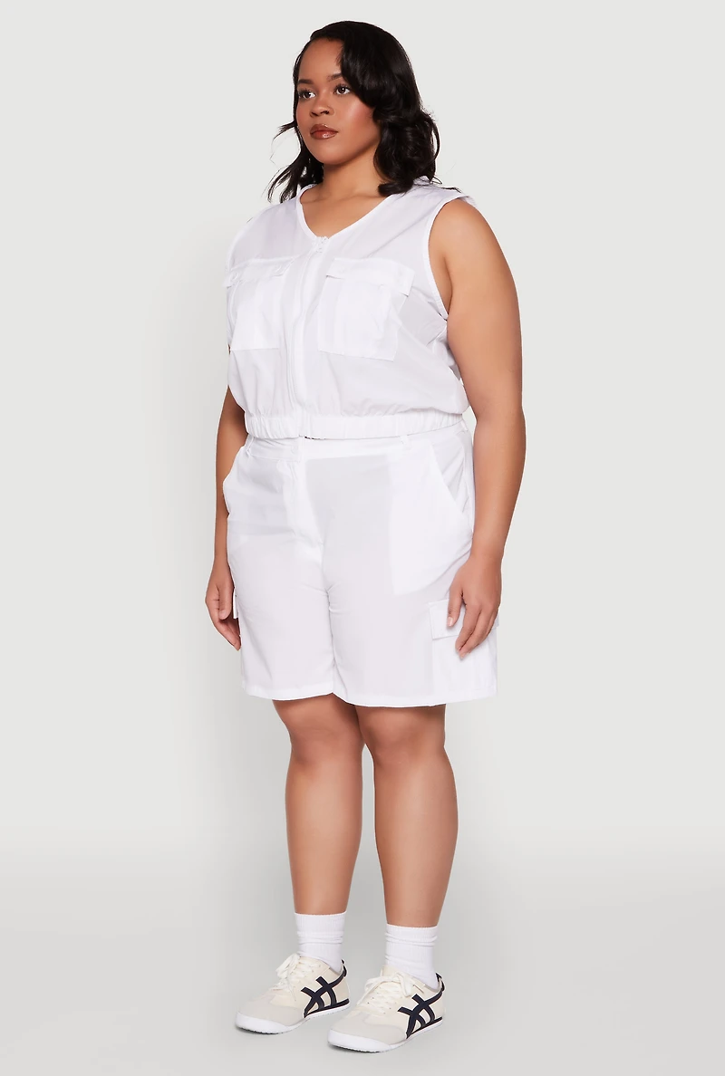 Womens Plus Size Zip Front Cargo Pocket Top, White, Size 2X