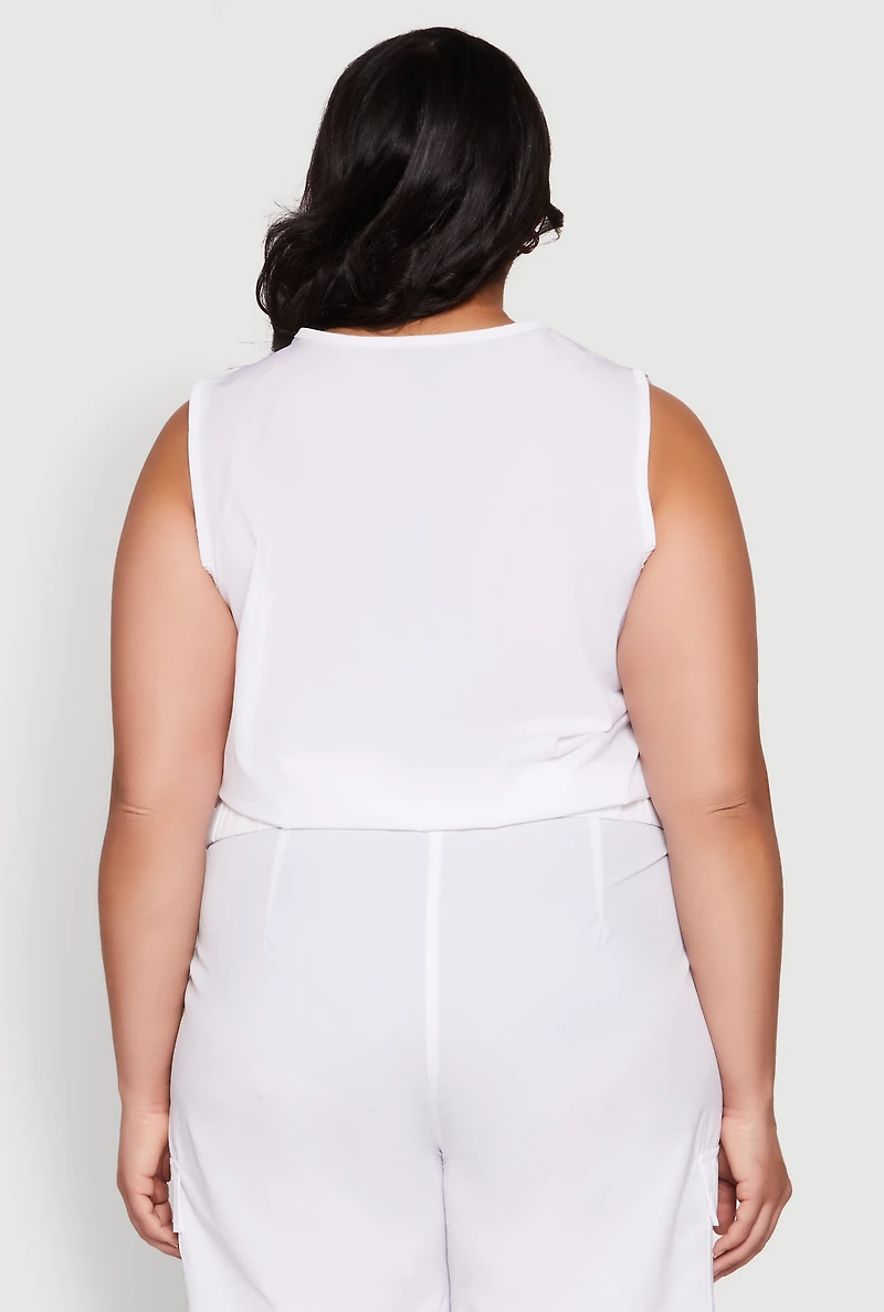 Womens Plus Size Zip Front Cargo Pocket Top, White, Size 3X