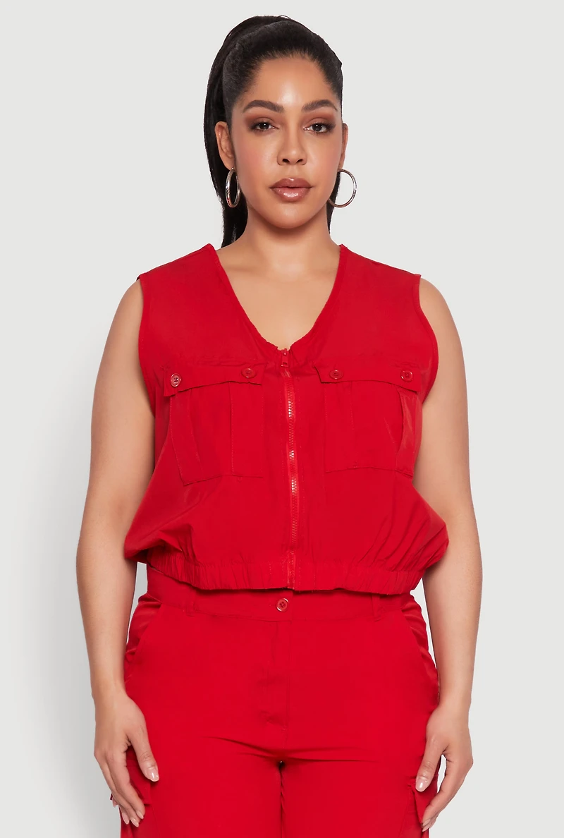 Womens Plus Zip Front Cargo Pocket Top,