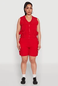 Womens Plus Zip Front Cargo Pocket Top,