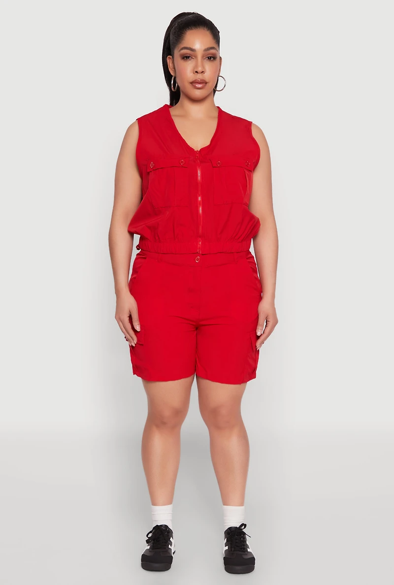 Womens Plus Size Zip Front Cargo Pocket Top, Red, Size 2X