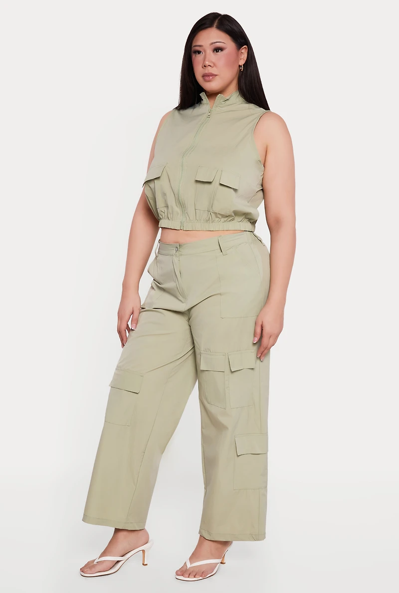 Plus Nylon High Waisted Wide Leg Utility Pants