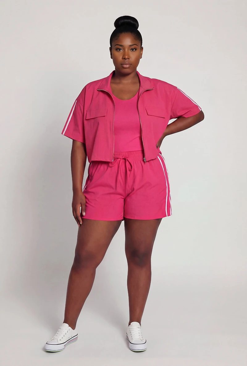Plus Varsity Stripe Drawstring Waist Shorts