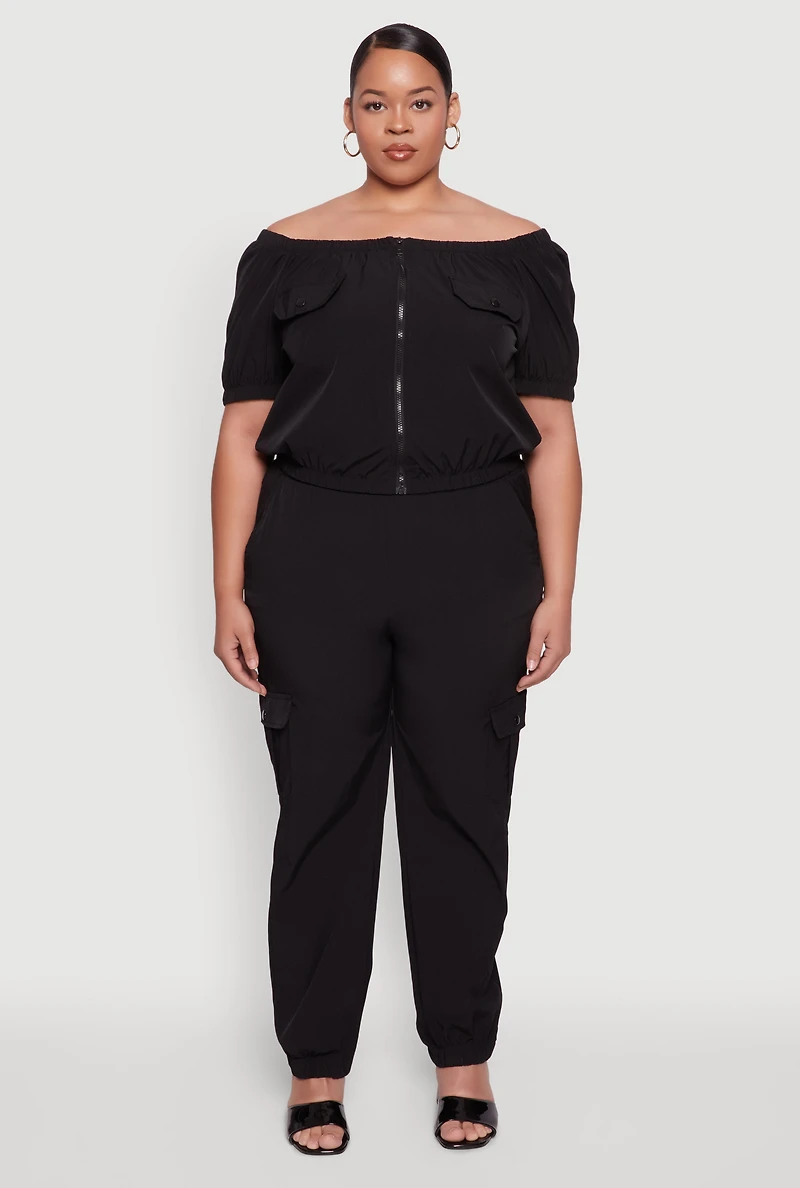 Womens Plus Size Nylon Cargo Joggers, Black, Size 1X