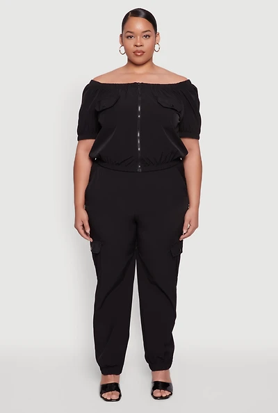 Womens Plus Size Nylon Cargo Joggers, Black, Size 1X