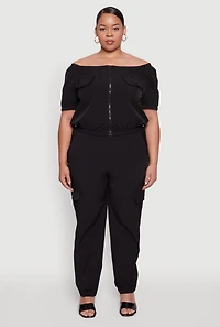 Womens Plus Size Nylon Cargo Joggers, Black, Size 1X