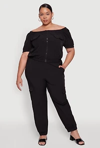 Womens Plus Size Nylon Cargo Joggers, Black, Size 1X