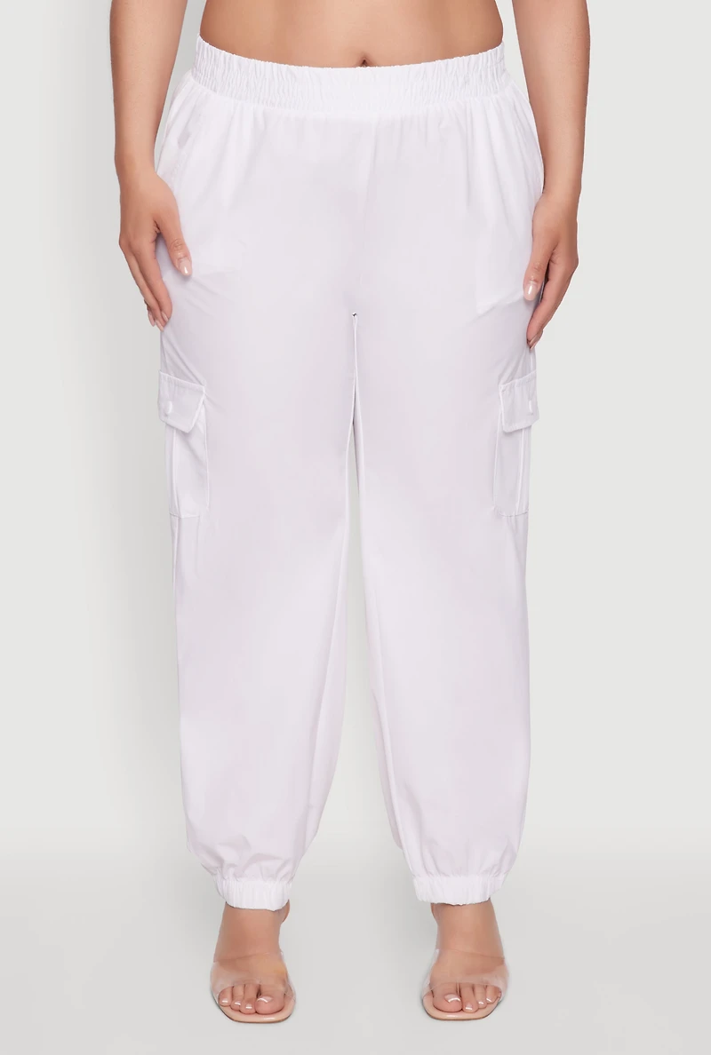 Womens Plus Nylon Cargo Joggers, White,