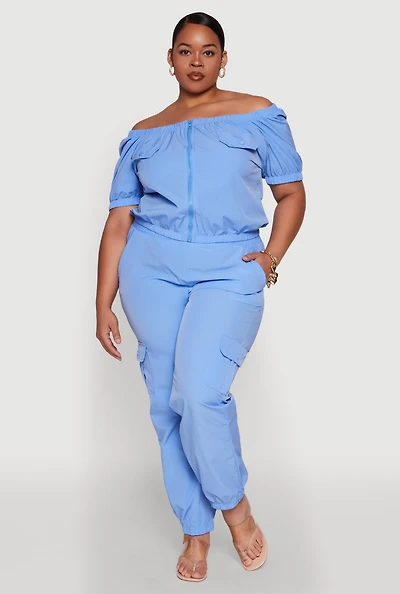 Womens Plus Size Nylon Cargo Joggers, Blue, Size 1X