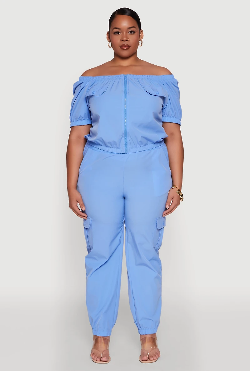 Womens Plus Size Nylon Cargo Joggers, Blue, Size 1X