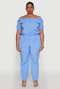 Womens Plus Size Nylon Cargo Joggers, Blue, Size 1X