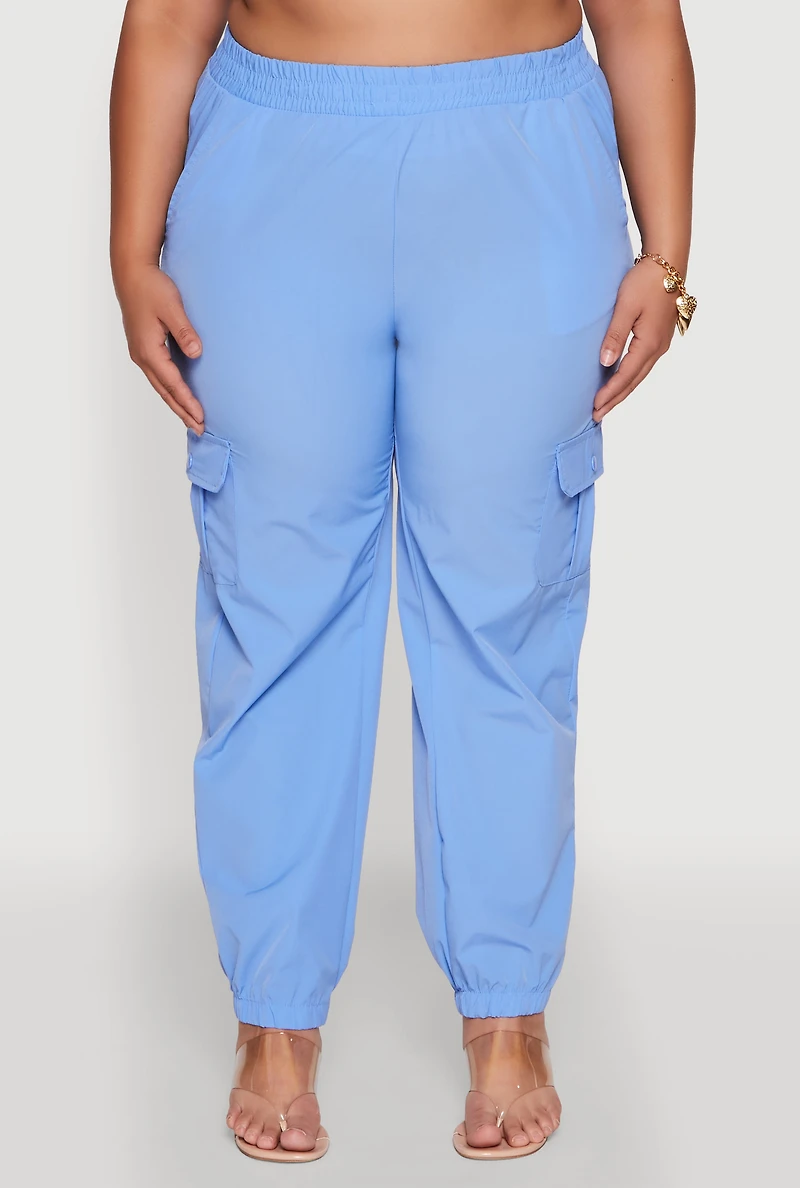 Womens Plus Size Nylon Cargo Joggers, Blue, Size 1X