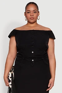 Womens Plus Size Nylon Toggle Drawstring Off the Shoulder Top, Black, Size 2X