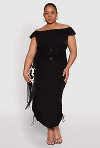 Womens Plus Size Nylon Toggle Drawstring Off the Shoulder Top, Black, Size 2X