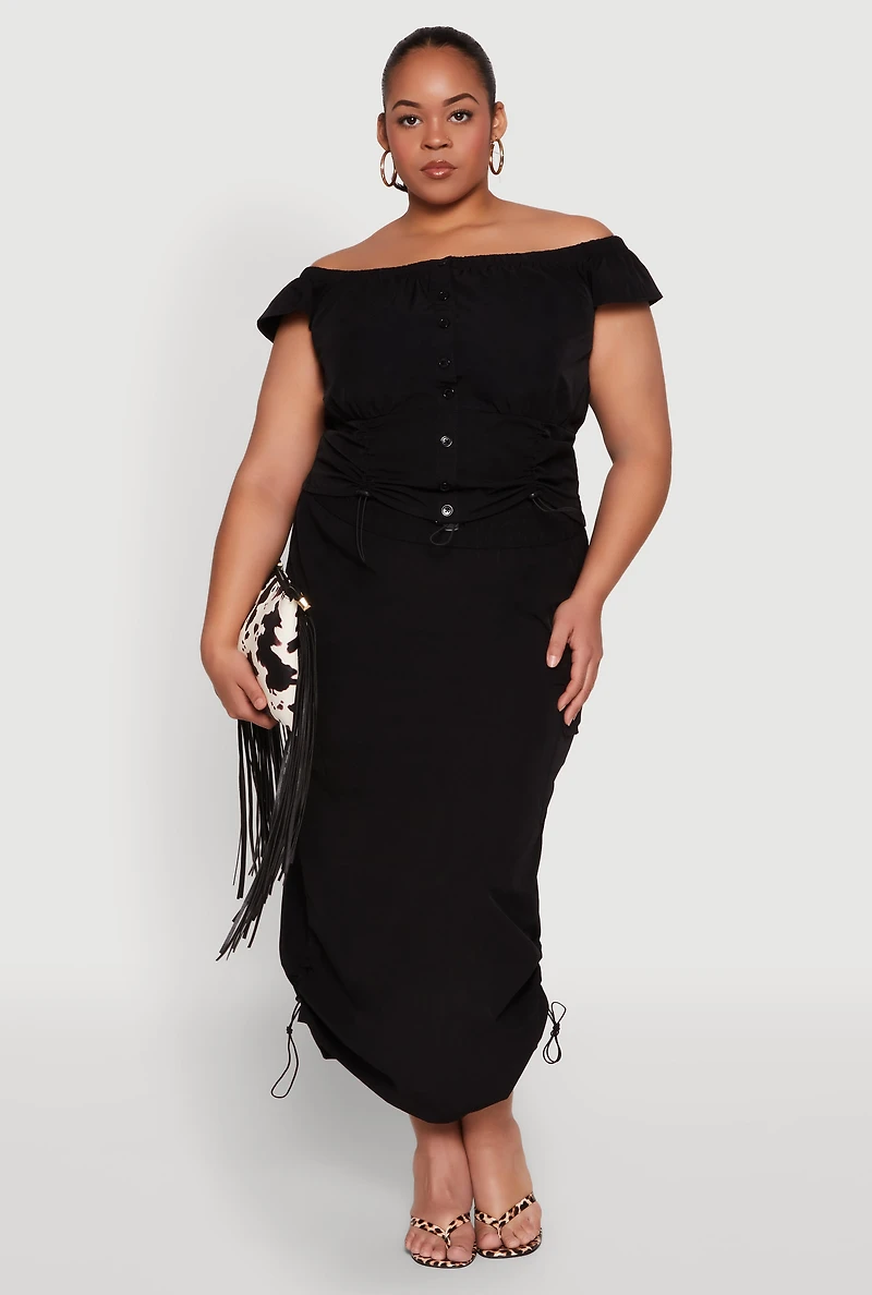 Plus Nylon Toggle Drawstring Off the Shoulder Top