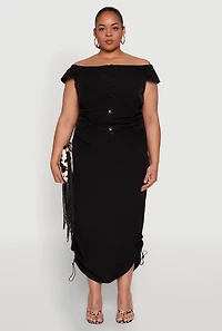 Womens Plus Nylon Toggle Drawstring Off the Shoulder Top,