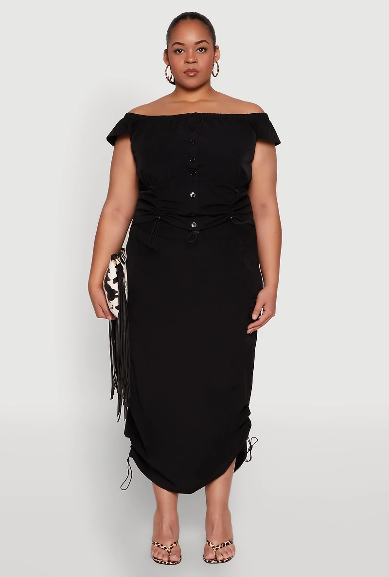 Womens Plus Nylon Toggle Drawstring Off the Shoulder Top,