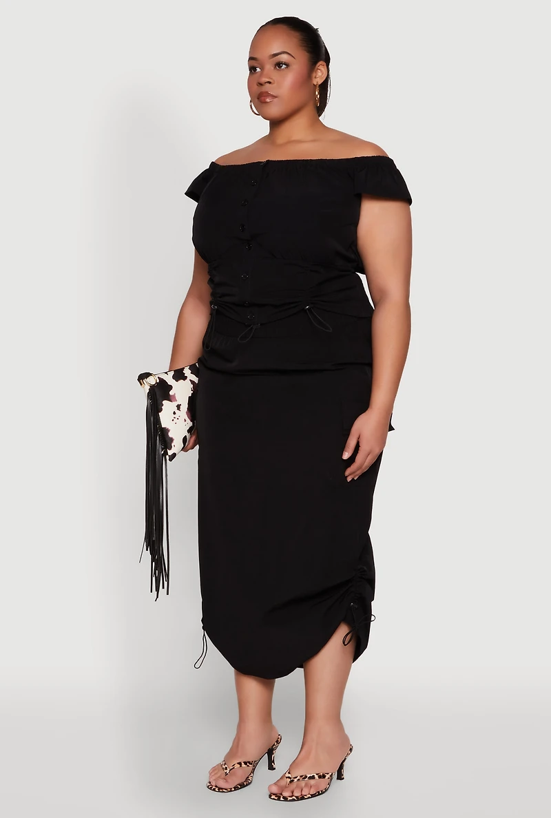 Plus Nylon Toggle Drawstring Off the Shoulder Top