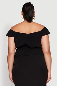 Womens Plus Nylon Toggle Drawstring Off the Shoulder Top,