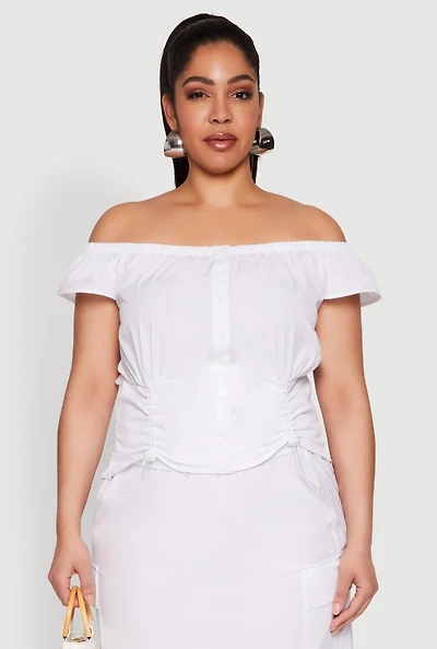 Womens Plus Size Nylon Toggle Drawstring Off the Shoulder Top, White, Size 2X