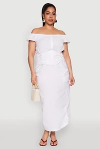 Womens Plus Size Nylon Toggle Drawstring Off the Shoulder Top, White, Size 2X