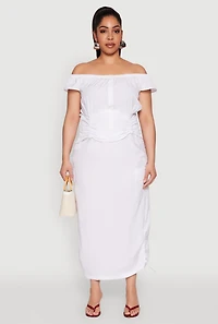 Womens Plus Size Nylon Toggle Drawstring Off the Shoulder Top, White, Size 2X
