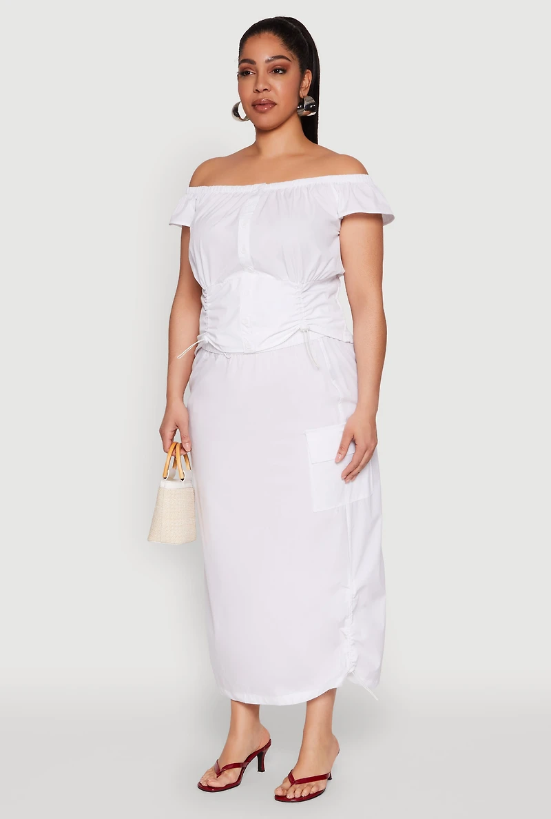 Womens Plus Size Nylon Toggle Drawstring Off the Shoulder Top, White, Size 2X