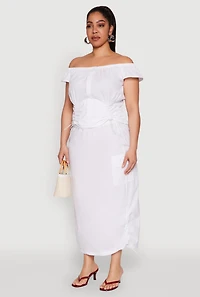 Womens Plus Size Nylon Toggle Drawstring Off the Shoulder Top, White, Size 2X