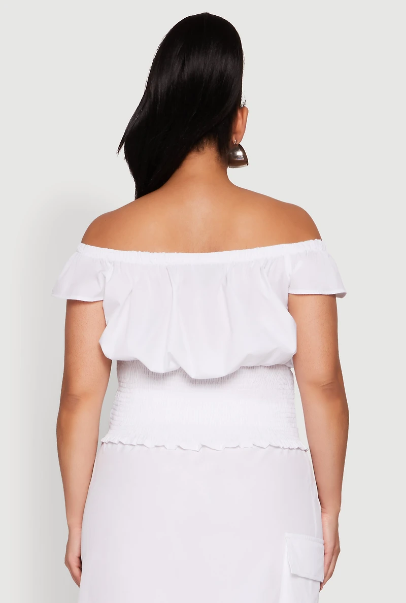Womens Plus Size Nylon Toggle Drawstring Off the Shoulder Top, White, Size 2X