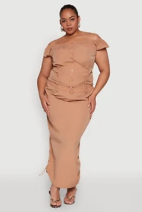 Womens Plus Size Nylon Toggle Drawstring Off the Shoulder Top, Brown, Size 1X