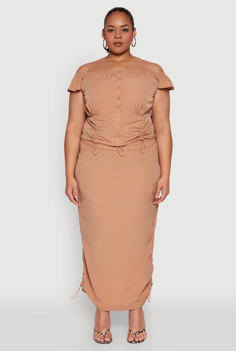 Womens Plus Size Nylon Toggle Drawstring Off the Shoulder Top, Brown, Size 1X