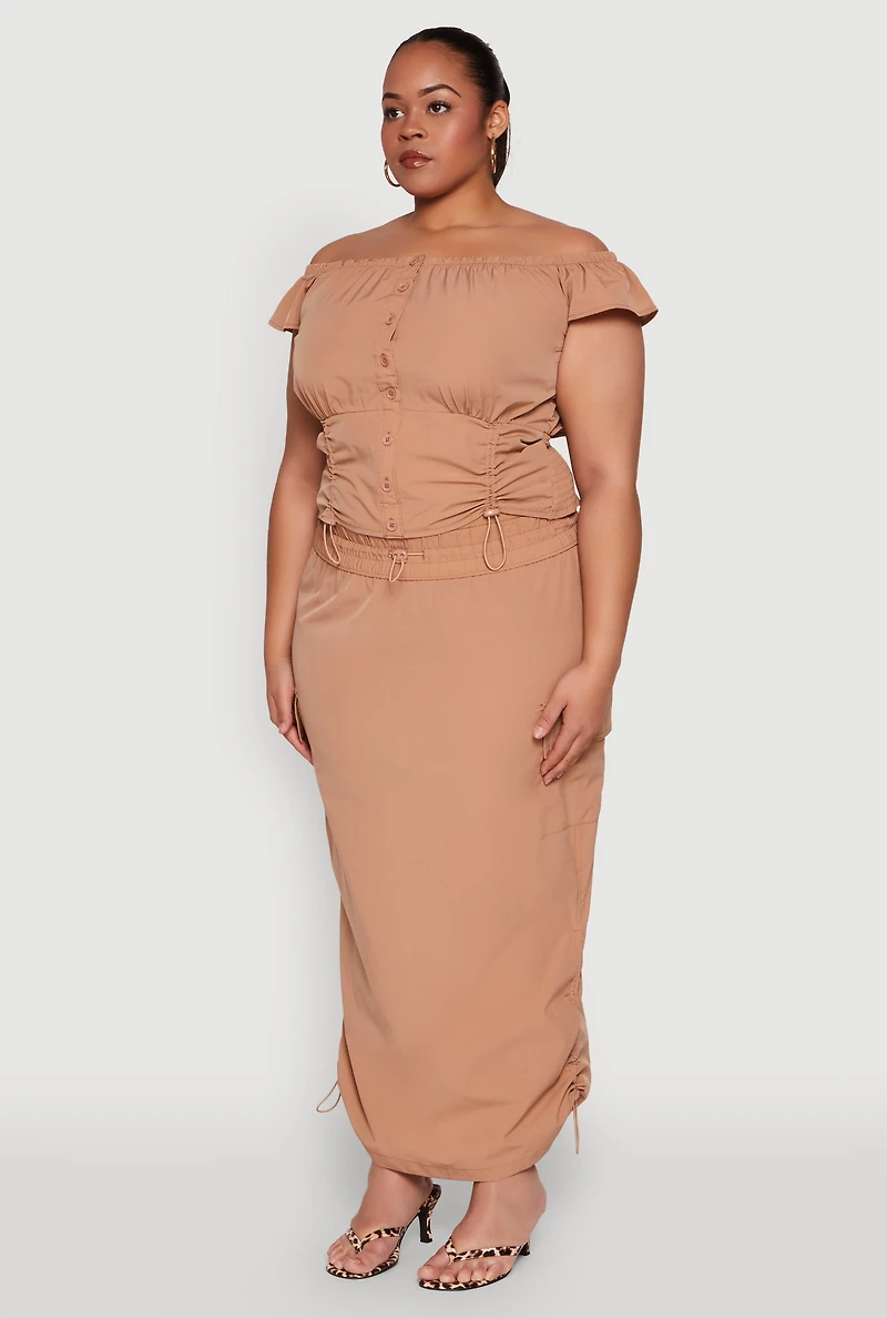 Womens Plus Size Nylon Toggle Drawstring Off the Shoulder Top, Brown, Size 1X