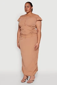 Womens Plus Size Nylon Toggle Drawstring Off the Shoulder Top, Brown, Size 1X