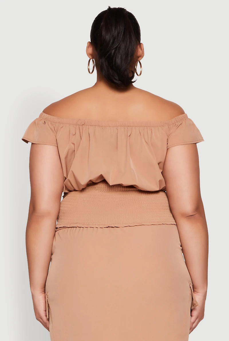 Womens Plus Size Nylon Toggle Drawstring Off the Shoulder Top, Brown, Size 1X